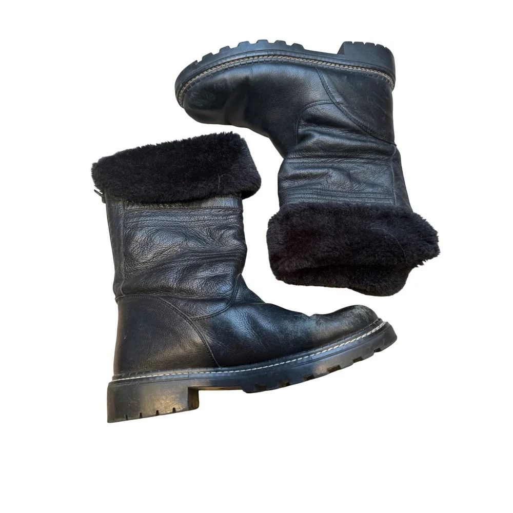 GH Bass Womens Black Leather Faux Fur‎ Trim Winter Boots Lug Sole Rear Zip